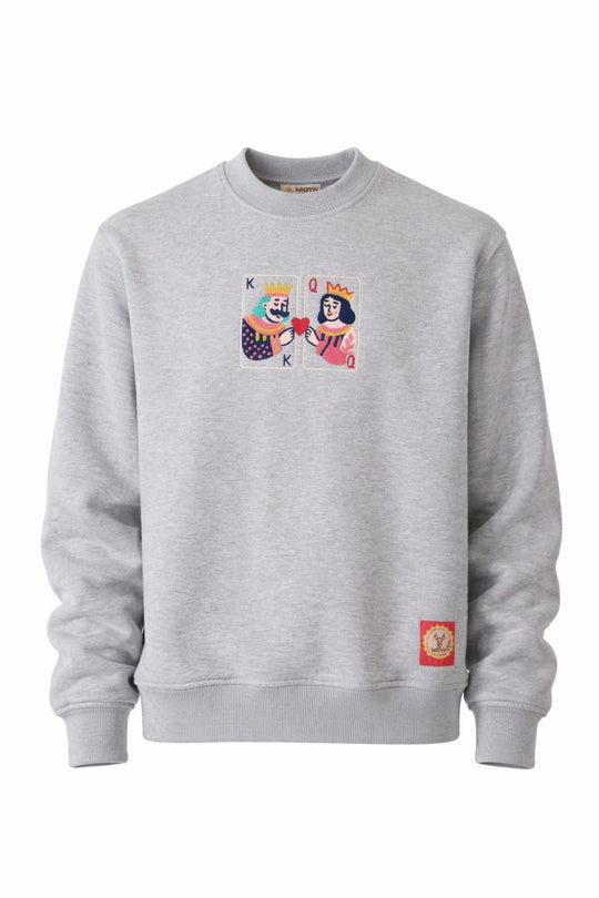 MOYN Unisex Royal Hearts Graphic Sweatshirt - King & Queen Illustration Printed Grey Pullover